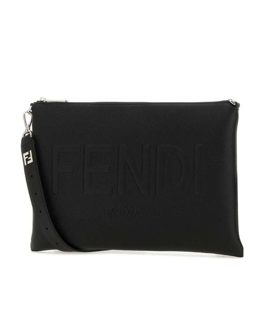 Fendi Black Logo Detailed Zipped Clutch Bag for men
