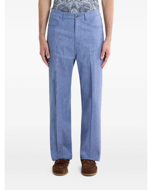 Etro Blue Straight-Leg Linen-Blend Denim Jeans With Pressed Creases for men