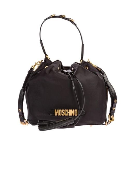Moschino Black Logo Plaque Drawstring Bucket Bag