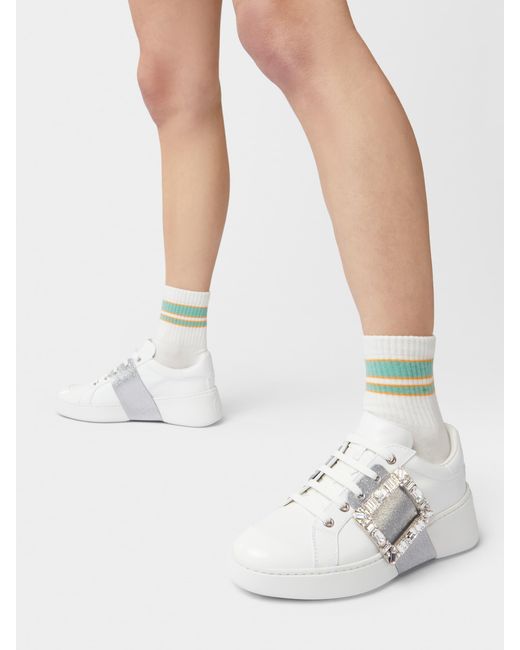 Roger Vivier White Viv' Skate Glitter Embellished Buckle Sneakers
