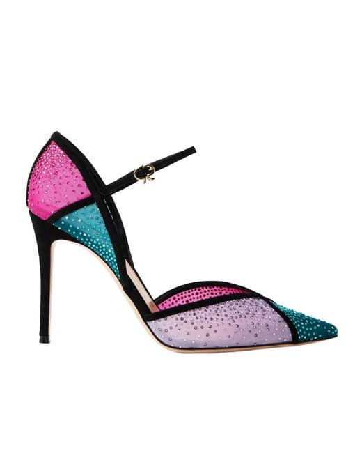 Gianvito Rossi Pink 95 Suede-Trimmed Crystal-Embellished Mesh Pumps
