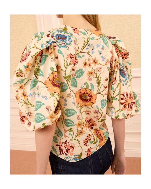 Ulla Johnson Natural Floral Print Puff Sleeve Cotton Top