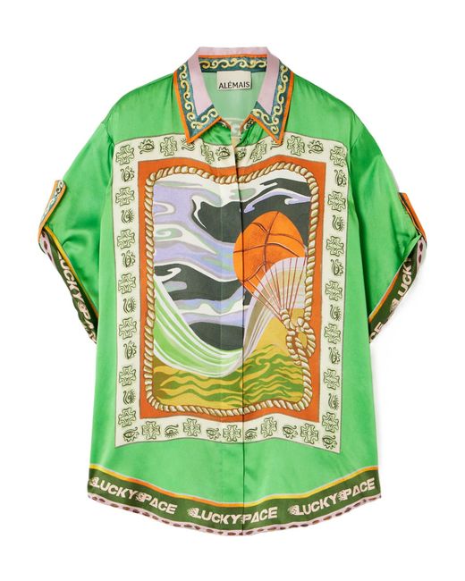 ALÉMAIS Green Lucky Pace Printed Silk-Satin Shirt