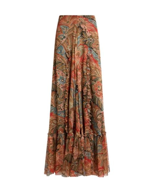 Etro Brown Paisley Ruffled Maxi Skirt