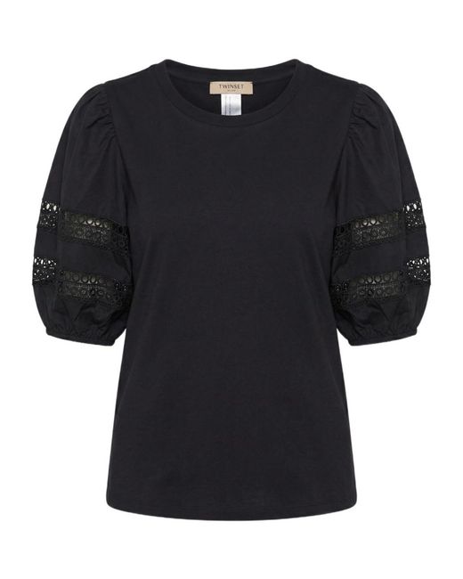 Twinset Black Broderie Balloon-Sleeve T-Shirt