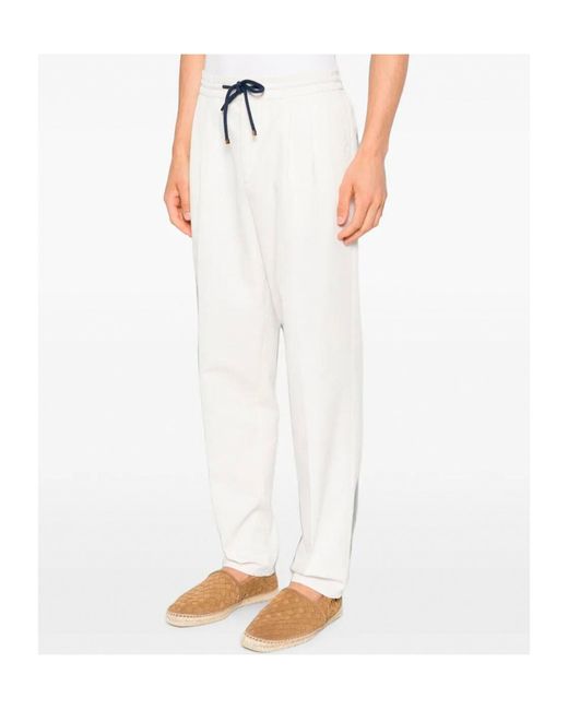 Brunello Cucinelli White Drawstring-Fastening Pleated Trousers for men