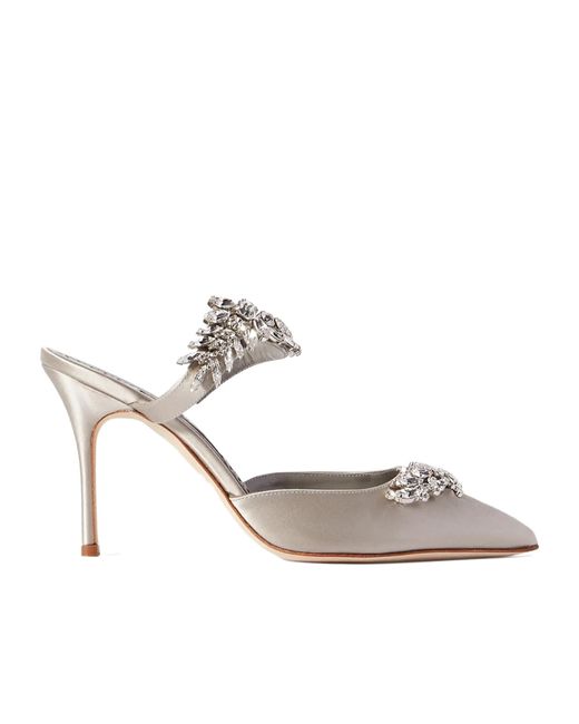 Manolo Blahnik White Lurum 90 Crystal-Embellished Mules