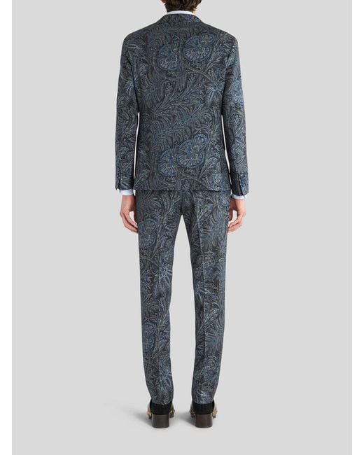Etro Blue V-Neck Floral Printed Blazer for men