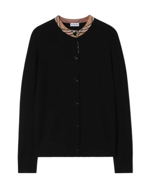 Burberry Black Check Trim Wool Cardigan