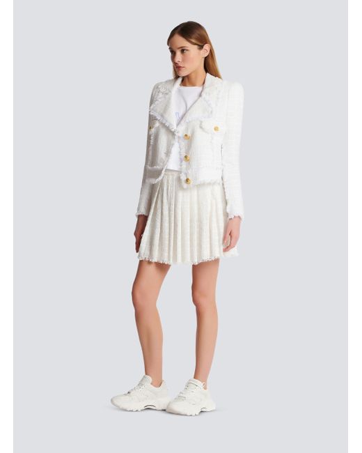 Balmain White Logo Patch Pleated Tweed Mini Skirt