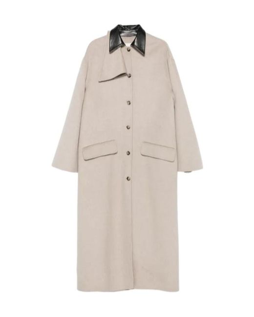 Nanushka Natural Contrast-Collar Button Coat