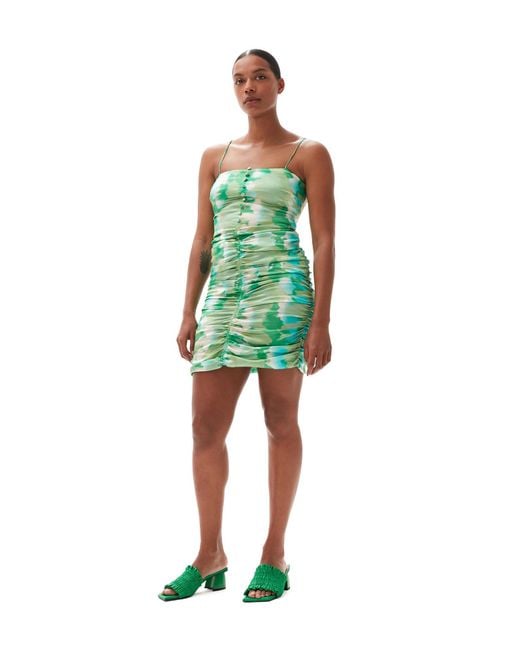 Ganni Green Silk Stretch Satin Mini Dress