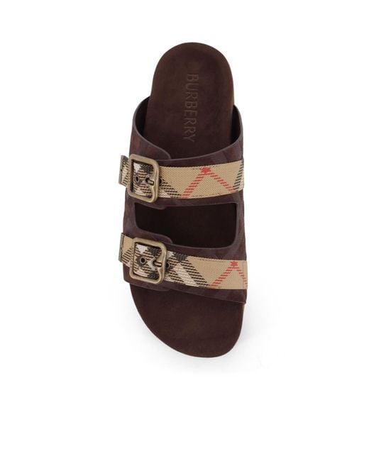Burberry Brown Double Buckle Checked Slides for men
