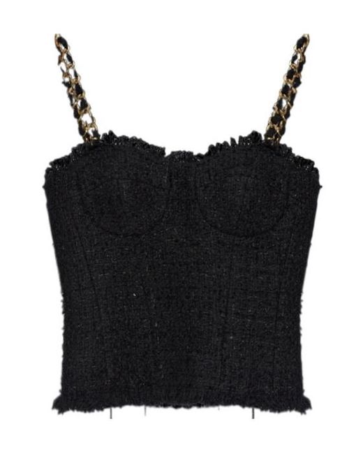 Balmain Black Chain-Strap Tweed Top