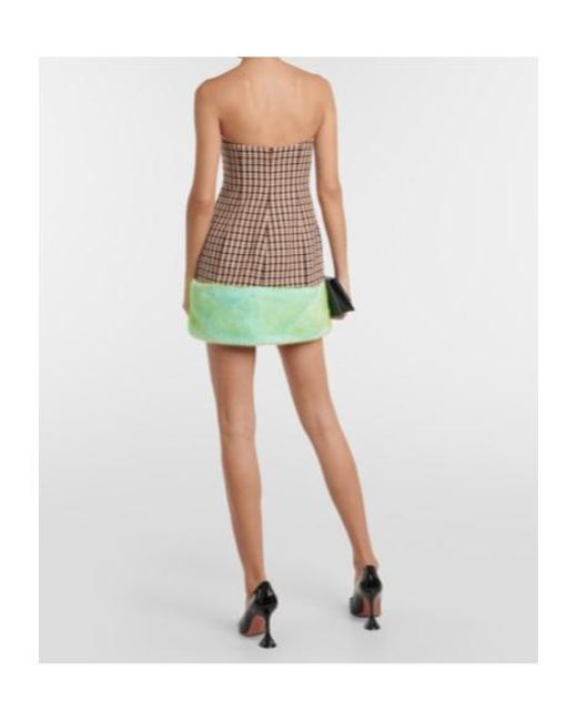 Area Green Faux Fur-Trimmed Strapless Minidress