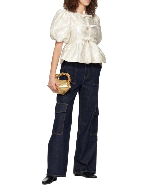 Ganni White Satin Peplum Tie Blouse