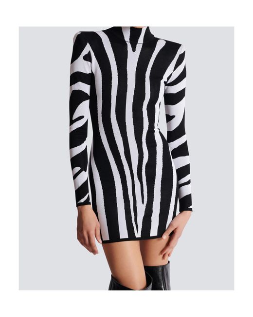 Balmain Black Short Knit Dress With Zebra Intarsia