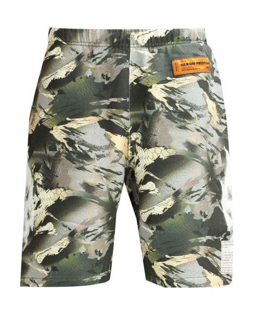 Heron Preston Green Camouflage Logo Patch Shorts for men