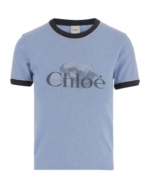 Chloé Blue Chloé Logo Printed Crewneck T-Shirt