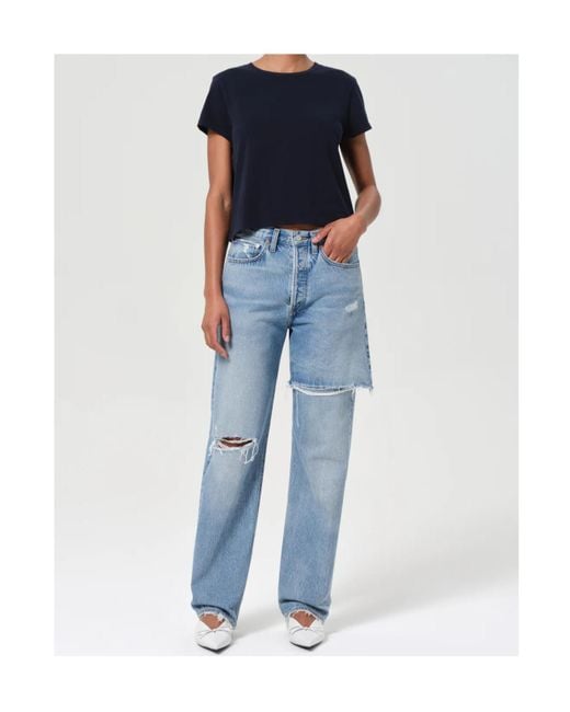 Agolde Blue Distressed Straight-Leg Jeans
