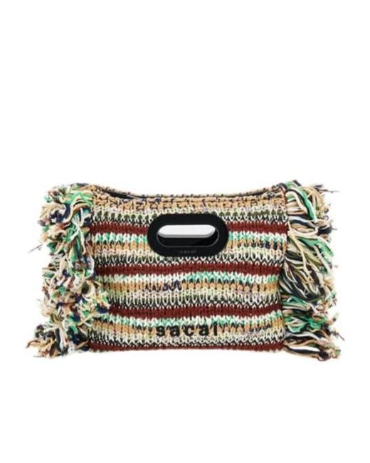 Sacai Natural Logo Embroidered Fringed Small Shopping Bag