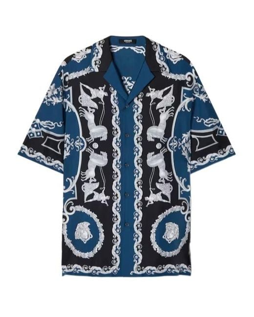 Versace Blue Pattern-Printed Short-Sleeved Shirt for men
