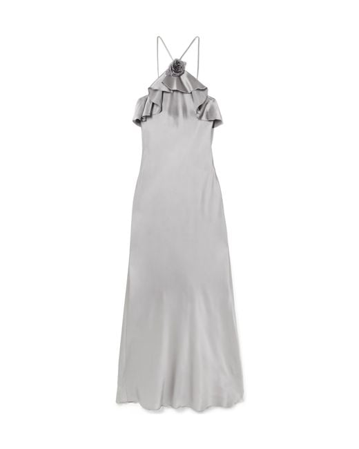 Rodarte White Appliquéd Ruffled Silk-Satin Halterneck Midi Dress