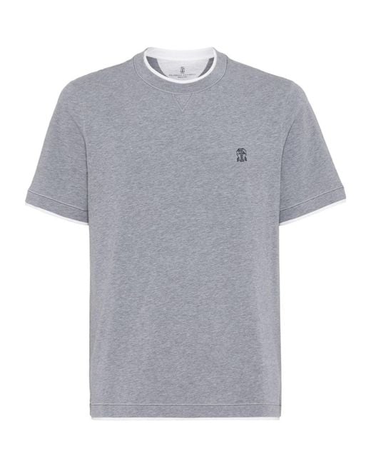 Brunello Cucinelli Gray Logo Embroidered Layered T-Shirt for men