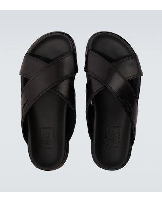 Brioni Black Criss-Cross Leather Slides for men