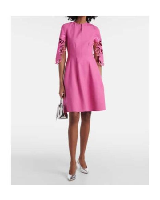 Oscar de la Renta Pink Embroidered Wool-Blend Lace Midi Dress