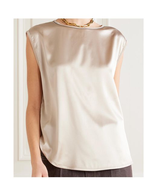 Brunello Cucinelli Natural Bead-Embellished Silk-Blend Satin Top