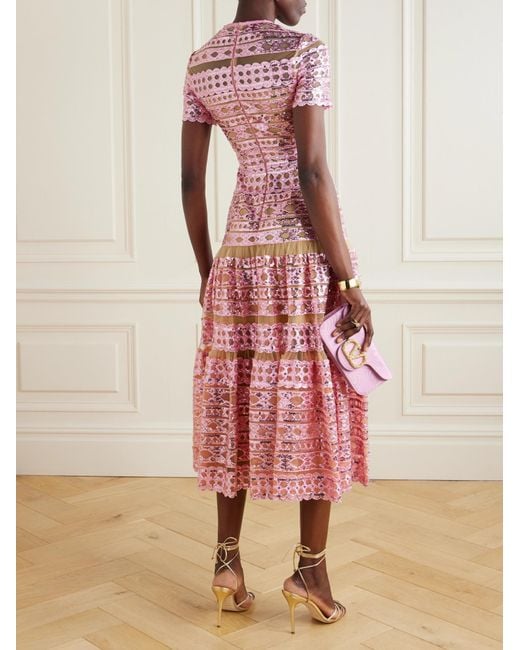 Elie Saab Pink Tiered Embroidered Sequined Tulle Midi Dress
