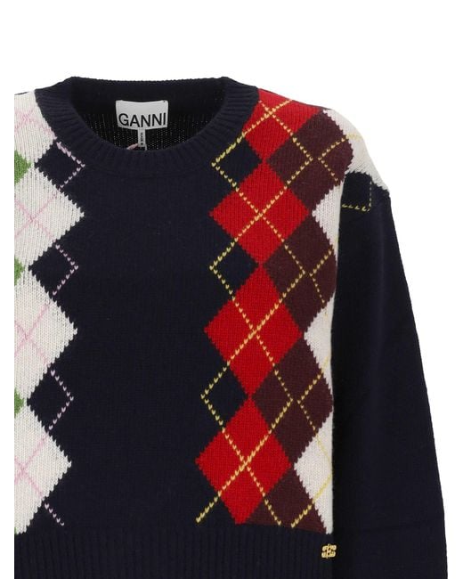 Ganni Blue Crew Neck Long-Sleeved Knitwear