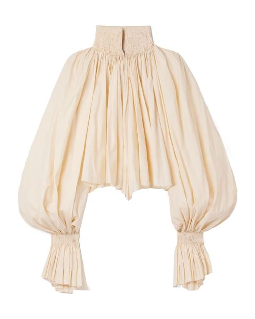 Khaite Natural Durer Smocked Puff-Sleeve Crop Top