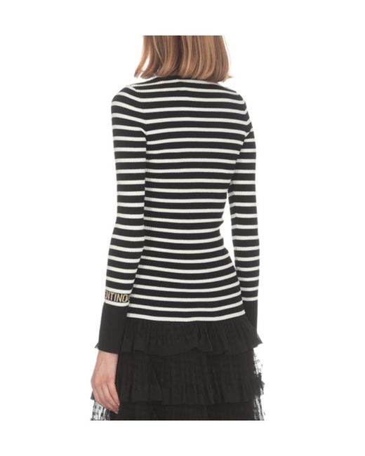 RED Valentino Black Round-Neck Long-Sleeved Striped Sweater
