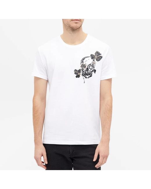 McQueen White Flower Skull Printed T-Shirt for men