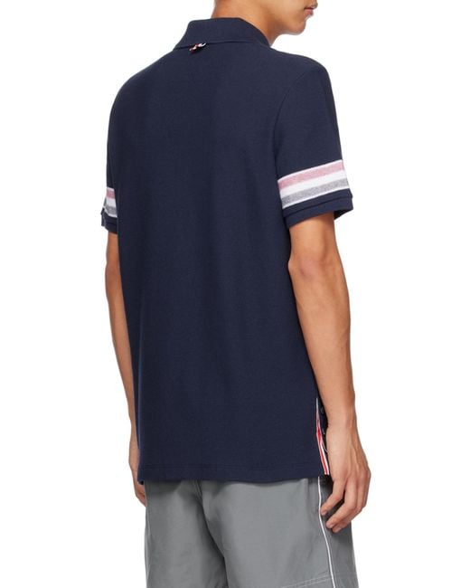 Thom Browne Blue Logo Patch Striped Polo Shirt for men