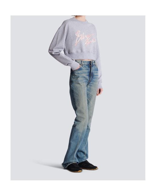 Balmain Blue Logo Printed Cropped Sweatshirt