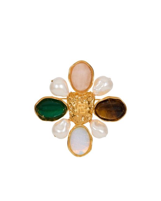 Balmain Metallic Cabochon Logo Brooch