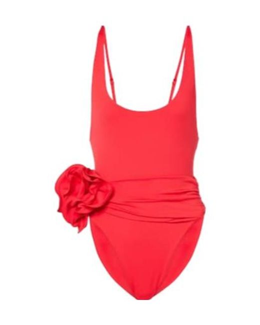 Magda Butrym Red Floral-Appliqué Ruched Swimsuit