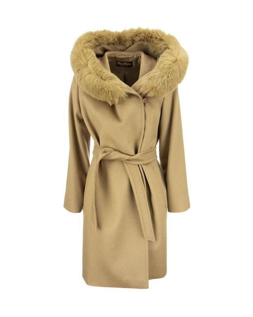 Max Mara Metallic Hooded Fur Trimmed Wool Coat