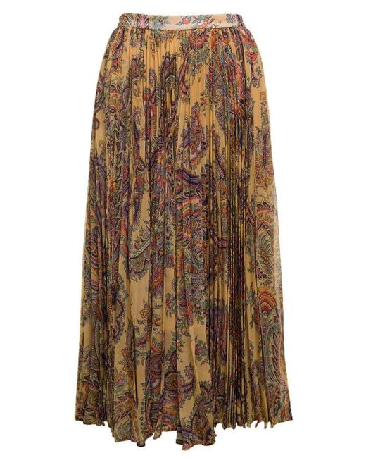 Etro Brown Maxi Pleated Skirt With All-Over Paisley Print