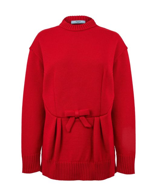 Prada Red Mock Neck Waist-Cinched Knit Sweater