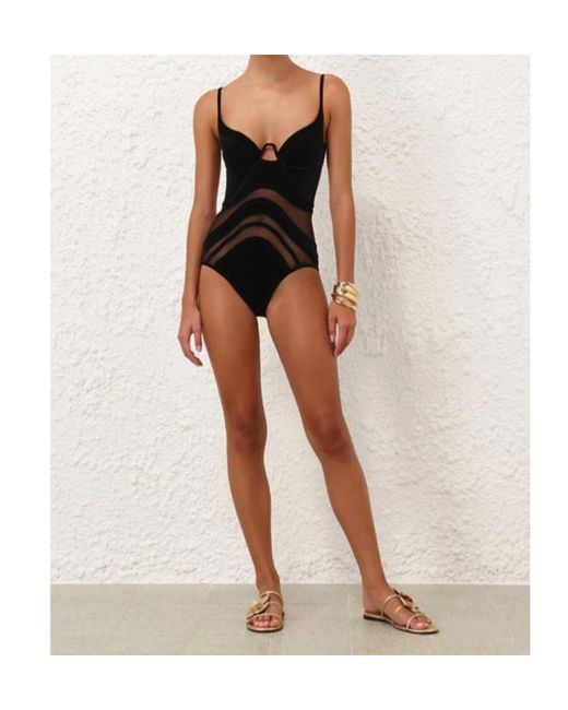 Zimmermann Black Mesh-Insert Velvet Bodysuit
