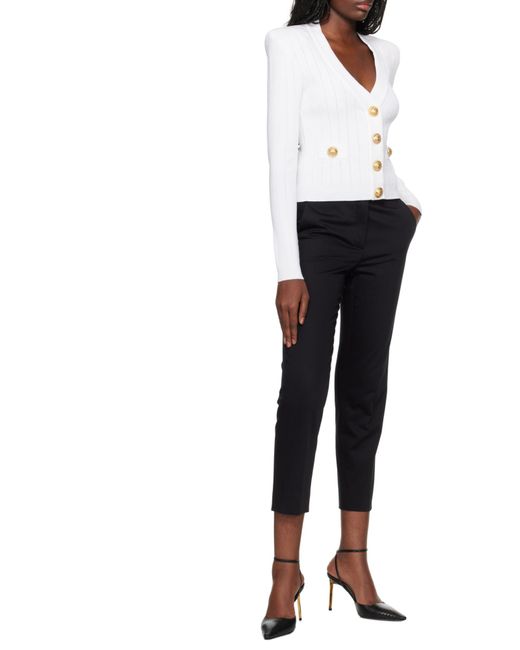 Balmain White Button Embellished Ribbed Knit Cardigan