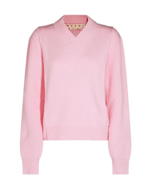 Marni Pink Ribbed V-Neck Ribbed Jumper