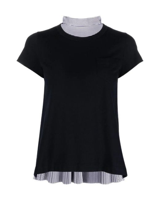 Sacai Black Stripe Detailed Pleated T-Shirt