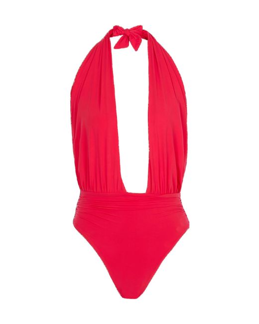 Balmain Red Plunge Halterneck Swimsuit