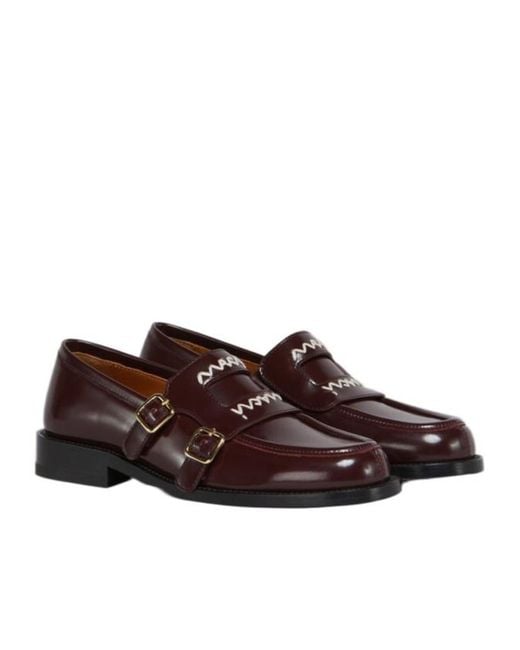 Marni Brown Burgundy Leather Loafer With Double Buckle