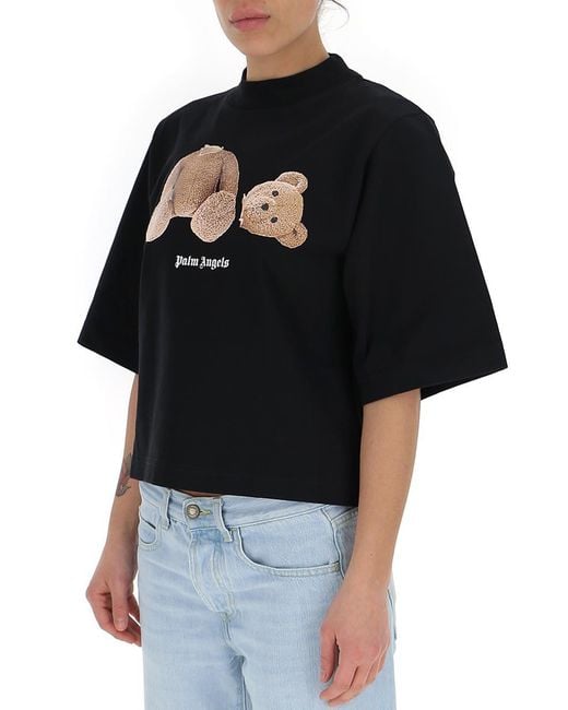 Palm Angels Black Bear Print Cropped T-Shirt